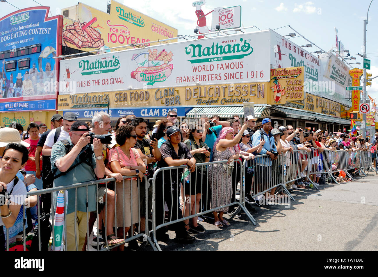 Crowds of people gathered during the Event,The 37th Annual Mermaid Parade was held at Coney Island, in New York City.  It is the largest art parade in the USA and one of New York City's greatest summer events. Stock Photo