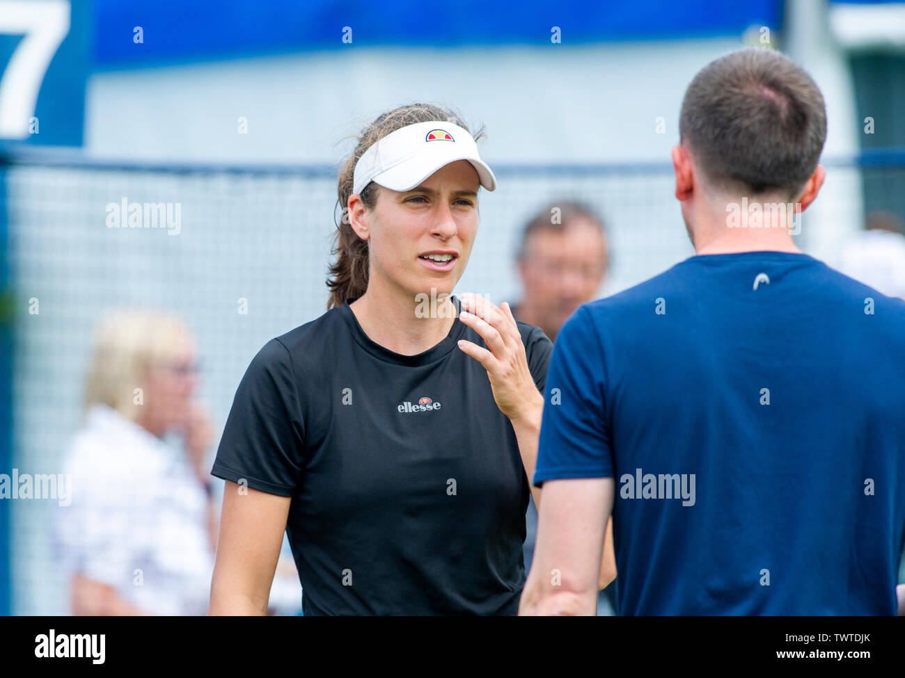 Eastbourne UK 23rd June 2019 - Johanna Konta of Great Britain chats with her team as she practices on an outside court at the Nature Valley International tennis tournament held at Devonshire Park in Eastbourne . Credit : Simon Dack / TPI / Alamy Live News Stock Photo