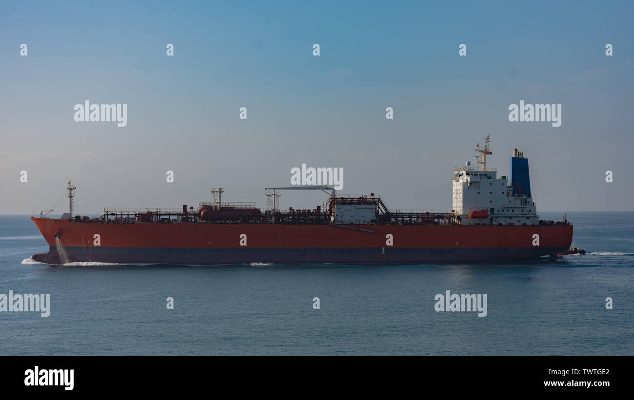 An Oil Tanker leaving the Port of Mombasa Stock Photo