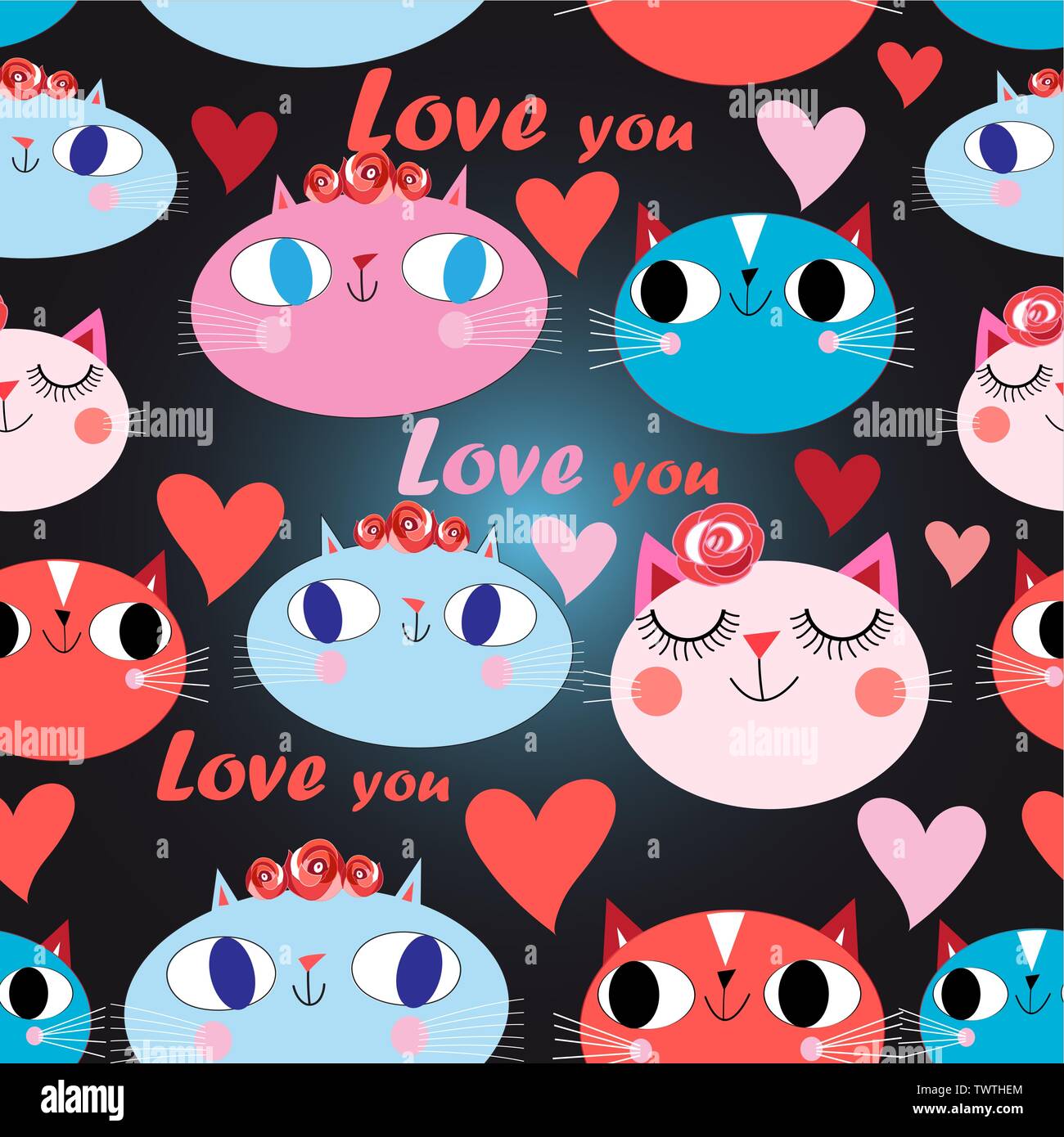 Seamless festive pattern of cats in love with hearts on a dark ...