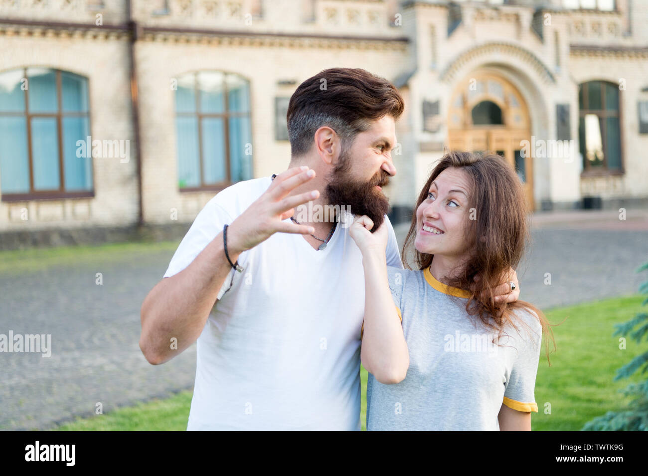 Violence and aggression. Family rules. Couple suffer violence against woman. Angry hipster and pretty woman . Relations problem. Family crisis concept. Stop violence social movement. Self defense. Stock Photo