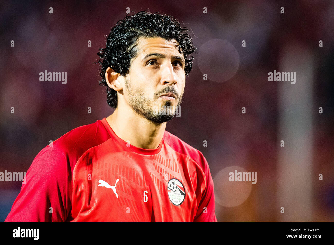 CAIRO, EGYPT - JUNE 21: Ahmed Hegazy of Egypt looks on during the 2019 Africa Cup of Nations Group A match between Egypt and Zimbabwe at Cairo International Stadium on June 21, 2019 in Cairo, Egypt. (Photo by Sebastian Frej/MB Media) Stock Photo