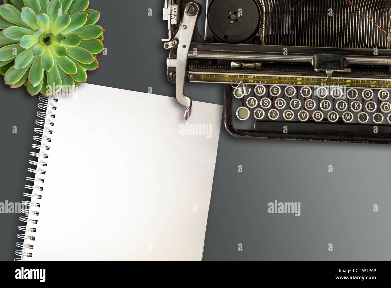 top view of blank open spiral-bound notepad, old typewriter and succulent plant on desk Stock Photo
