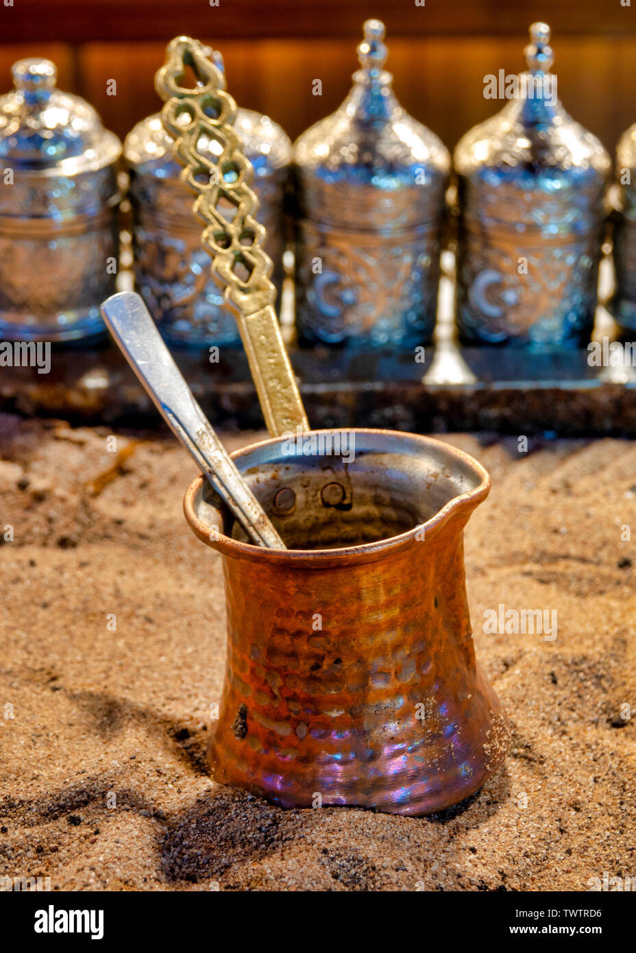 Turkish cevze, a small long-handled pot with a pouring lip designed specifically to make Turkish coffee Stock Photo