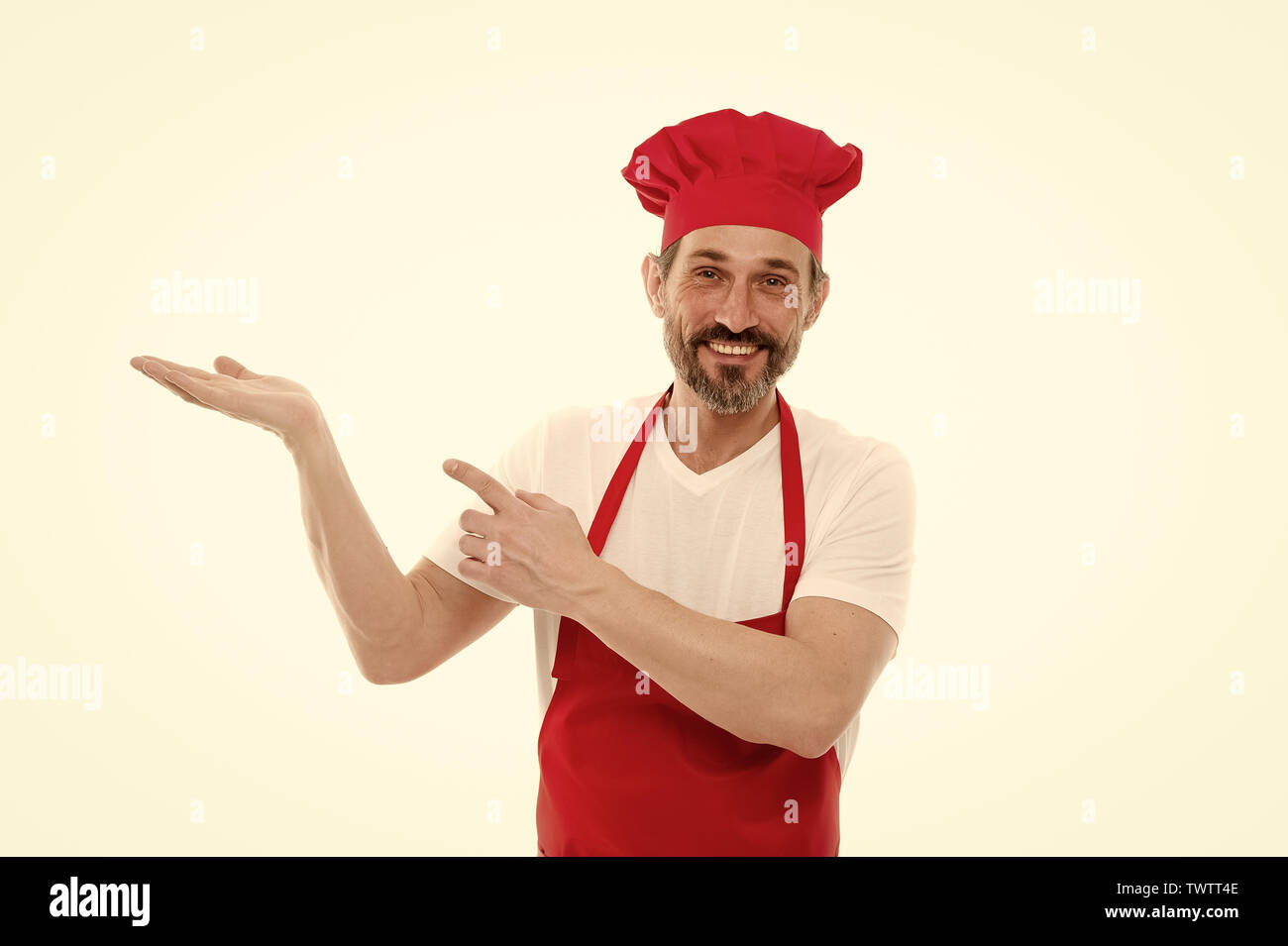 Pointing At Something Senior Cook With Beard And Moustache Wearing Bib Apron Bearded Mature 