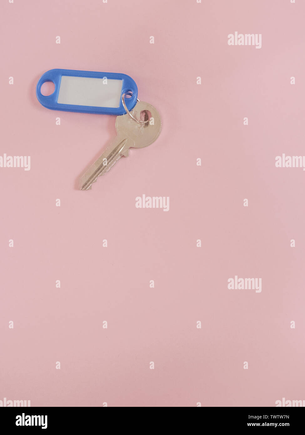 A metal key with blank label on pink Background with copy space Stock ...