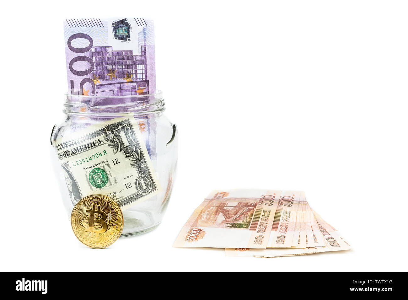 Bitcoin bronze gold coin in glass jar on white background. A set of  cryptocurrencies with real dollars in the Bank. Savings, investments,  financial ri Stock Photo - Alamy