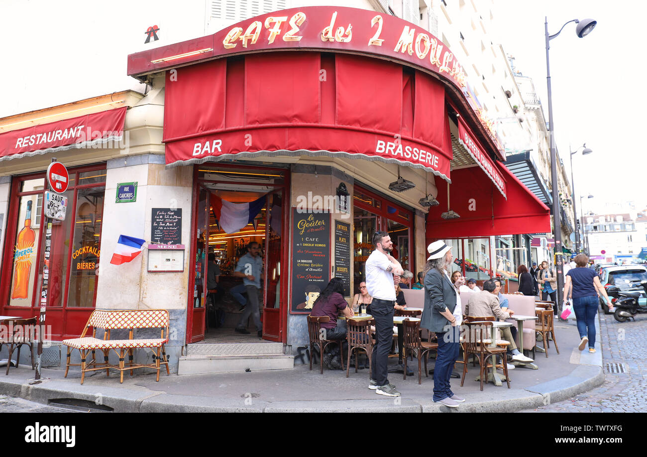 The Cafe des 2 Moulins in French for Two Windmills is a cafe in the Montmartre, Paris, France. Stock Photo
