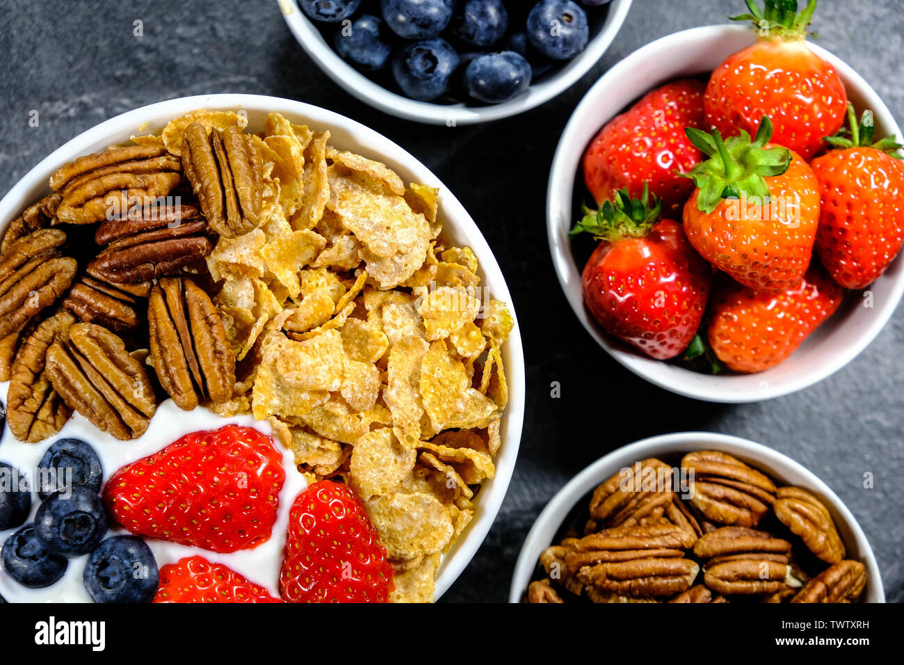 Healthy Breakfast of Cereals With Fresh Fruit and Nuts, Corn Flakes