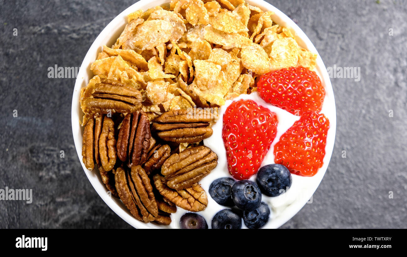Healthy Breakfast of Cereals With Fresh Fruit and Nuts, Corn Flakes