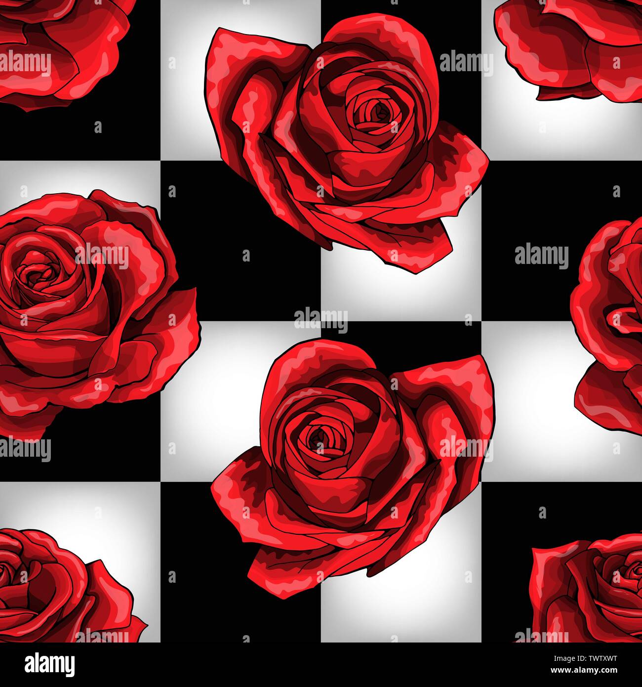 Wonderland red roses on chessboard background. Vector seamless pattern Stock Vector