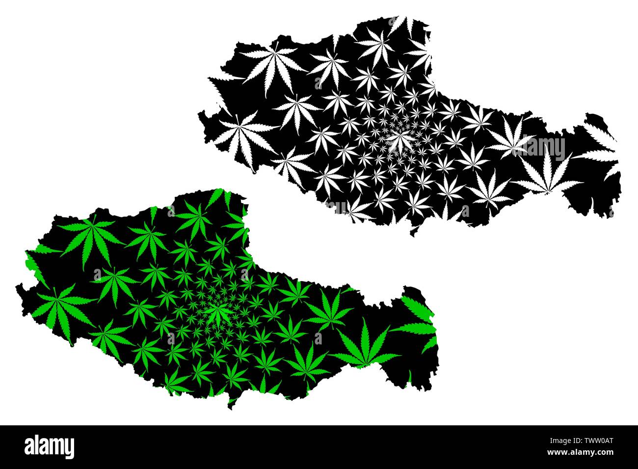 Tibet Autonomous Region (People's Republic of China, PRC) map is designed cannabis leaf green and black, Xizang Autonomous Region map made of marijuan Stock Vector