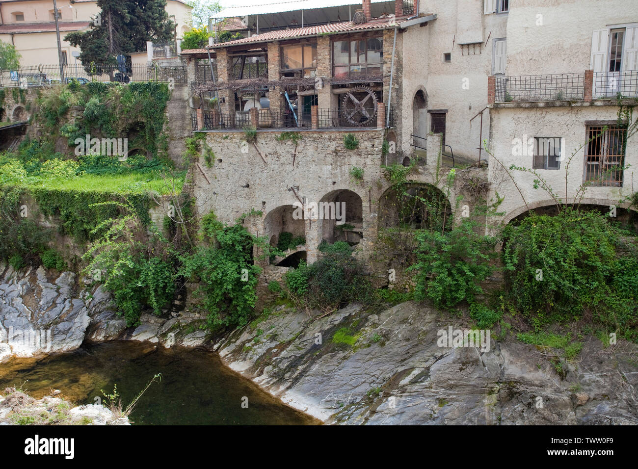 Old Water mill at the medieval village Dolcedo, povince Imperia, Riviera di Ponente, Liguria, Italy Stock Photo