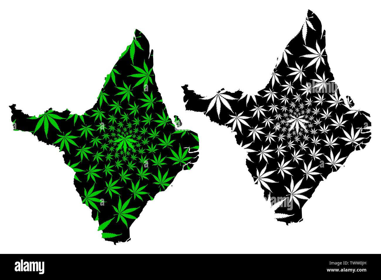 Amapa (Region of Brazil, Federated state, Federative Republic of Brazil) map is designed cannabis leaf green and black, Amapá map made of marijuana (m Stock Vector