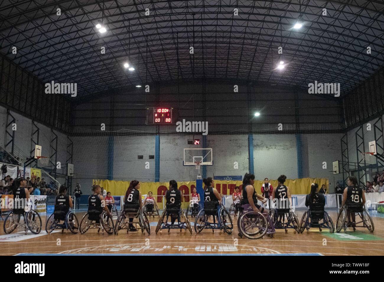 Firmat, Santa Fe, Argentina. 22nd June, 2019. The national female wheelchairb basketball teams of Argentina and Chile perform a friendly match ahead of Lima 2019 Parapan American Games. The match was a raisefunder event, since at present financial aid was cut off and the players have to assume the costs to participate in the tournament. Credit: Patricio Murphy/ZUMA Wire/Alamy Live News Stock Photo