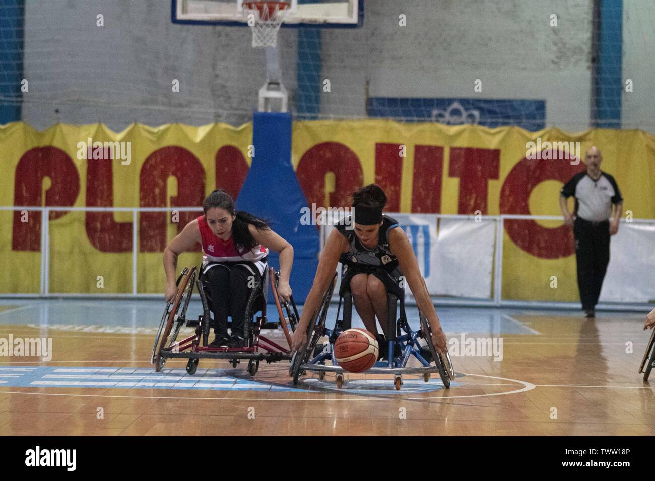 Firmat, Santa Fe, Argentina. 22nd June, 2019. The national female wheelchairb basketball teams of Argentina and Chile perform a friendly match ahead of Lima 2019 Parapan American Games. The match was a raisefunder event, since at present financial aid was cut off and the players have to assume the costs to participate in the tournament. Credit: Patricio Murphy/ZUMA Wire/Alamy Live News Stock Photo