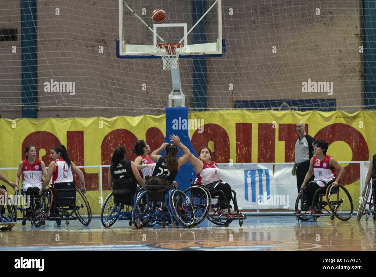 Firmat, Santa Fe, Argentina. 22nd June, 2019. The national female wheelchairb basketball teams of Argentina and Chile perform a friendly match ahead of Lima 2019 Parapan American Games. The match was a raisefunder event, since at present financial aid was cut off and the players have to assume the costs to participate in the tournament. Credit: Patricio Murphy/ZUMA Wire/Alamy Live News Stock Photo