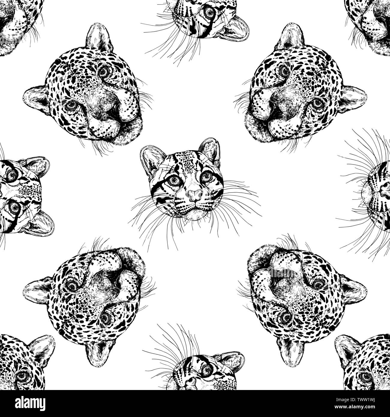 Seamless pattern of hand drawn sketch style portraits of clouded