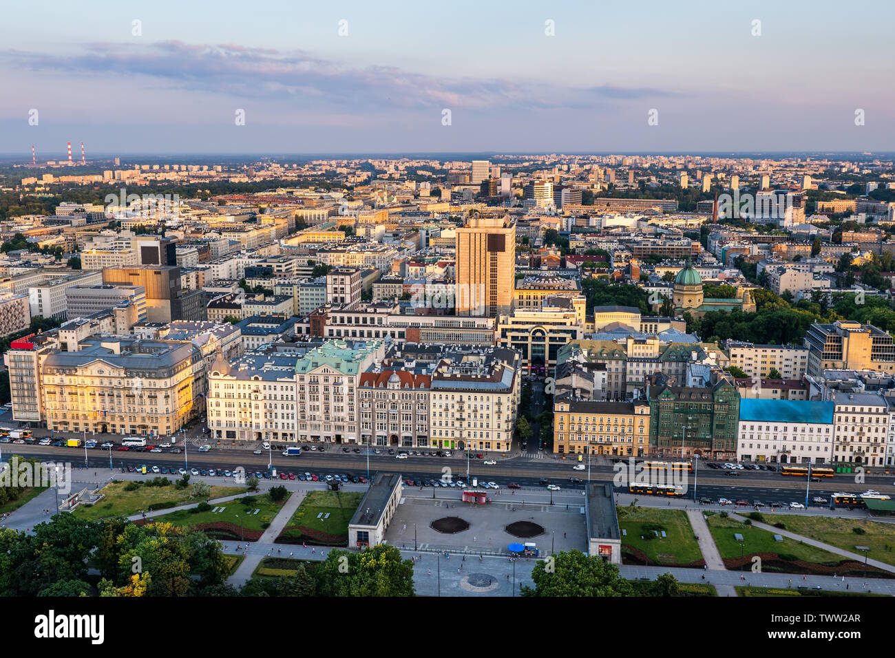 City of Warsaw in Poland, aerial view over Jerusalem Avenue (Polish: Aleje  Jerozolimskie) at sunset, main street in the downtown Stock Photo - Alamy