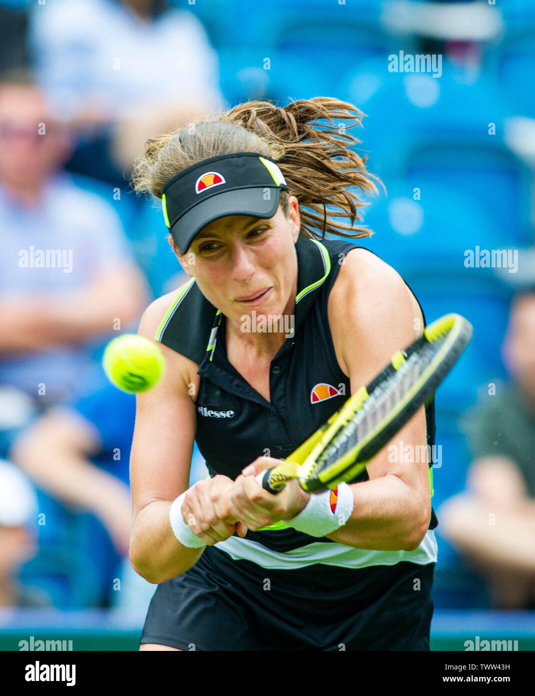 Eastbourne, UK. 23rd June 2019. Johanna Konta of Great Britain in action on  her way to victory over Dayana Yastremska of Ukraine in their first round  match at the Nature Valley International