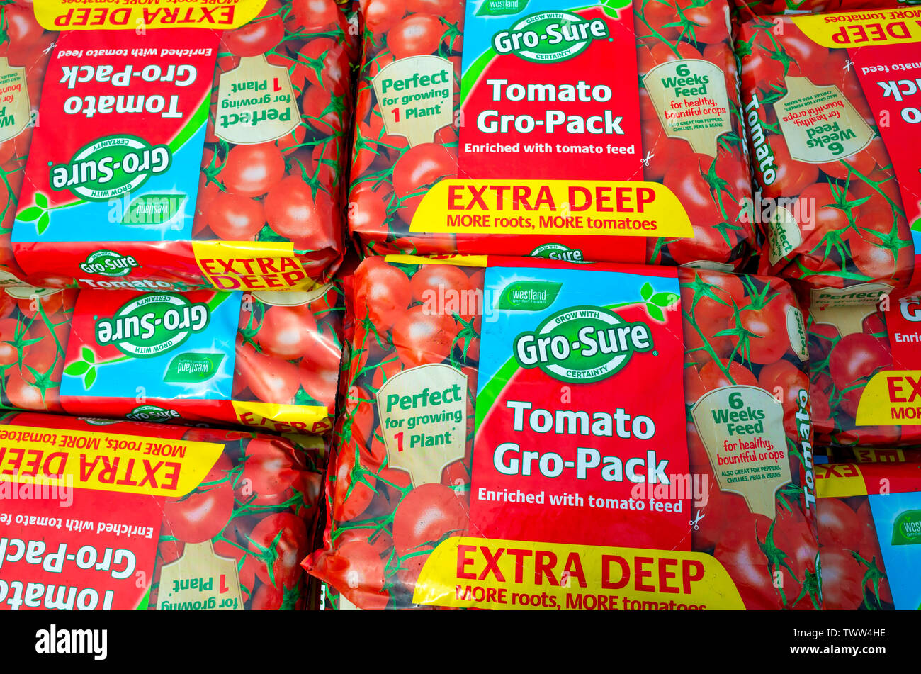 A stack of  Gro Sure Tomato Gro Packs in a garden centre  for growing tomato plants  small and ideal for a single plant but deep to provide root space Stock Photo