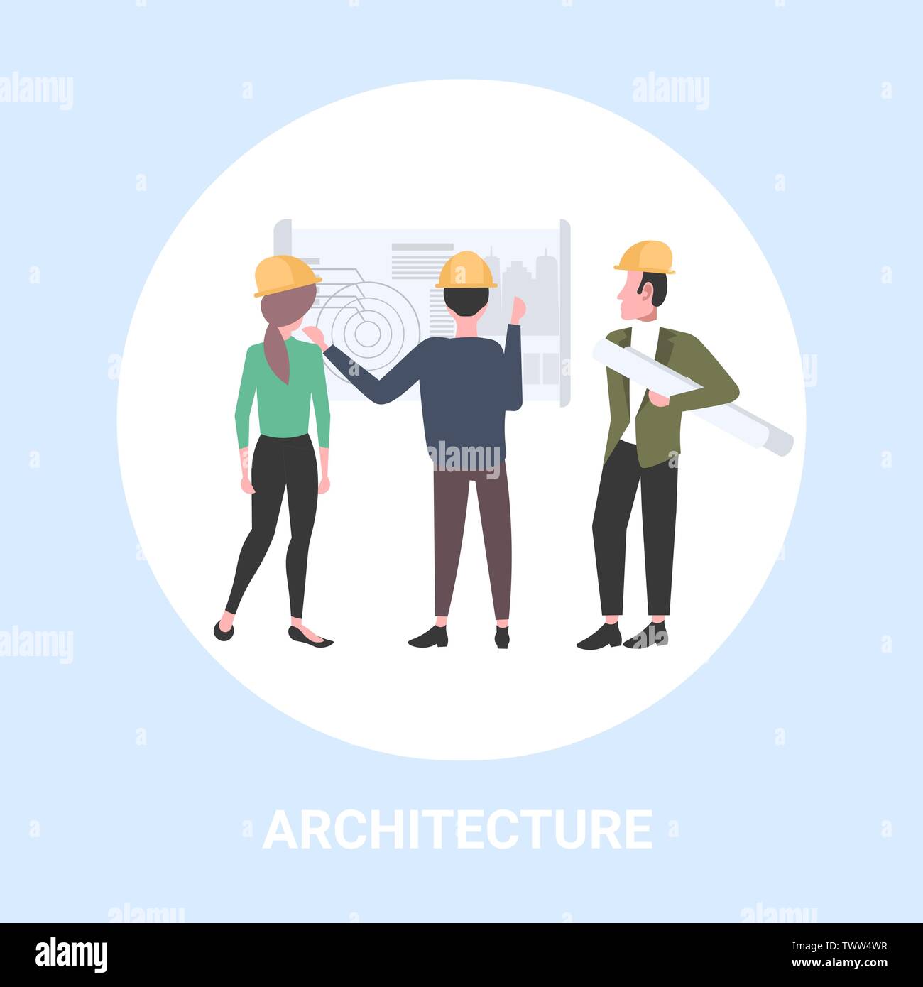 architects working with blueprint engineers team discussing new building project during meeting builders in helmet industrial technicians teamwork Stock Vector