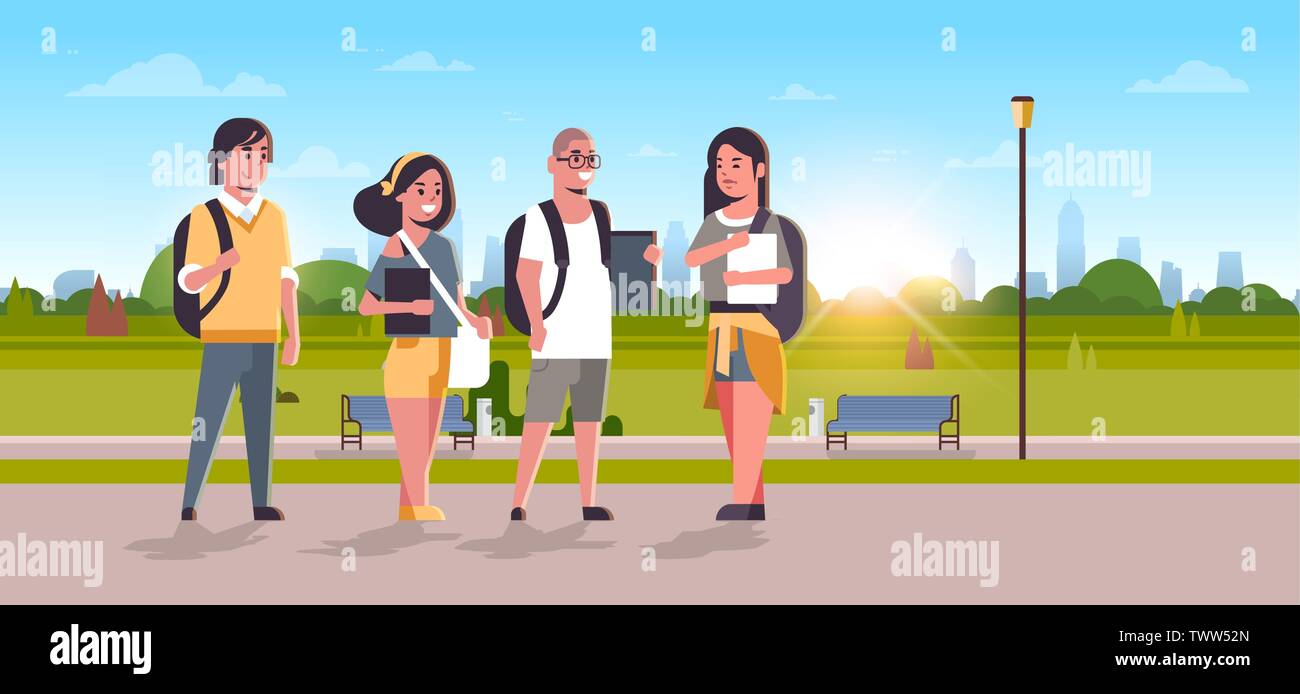 young teenage students group with backpacks and books walking outdoor education concept college friends standing together urban park landscape Stock Vector