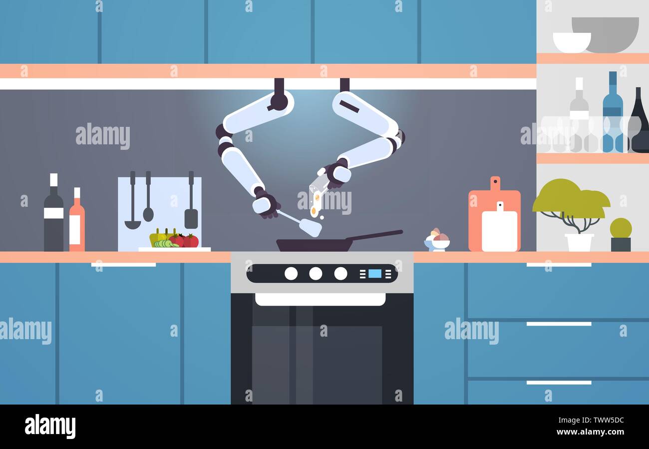 smart handy chef robot preparing fried eggs in frying pan robotic ...