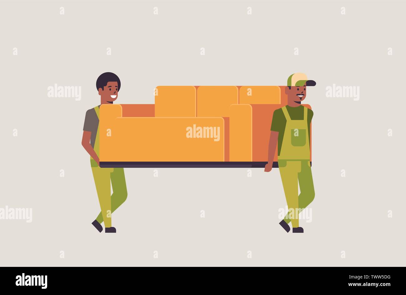 two african american couriers in uniform moving couch express delivery service concept