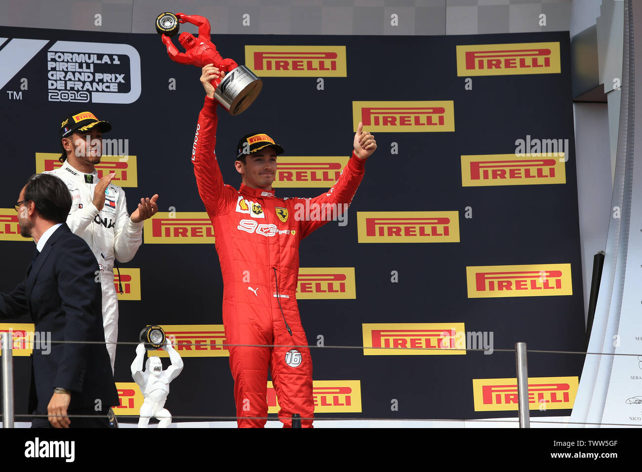 Marseille, France. 23rd June, 2019.  FIA Formula 1 Grand Prix of France, Race Day; Podium as  Scuderia Ferrari, Charles Leclerc celebrates his 3rd placed finish Credit: Action Plus Sports Images/Alamy Live News Stock Photo