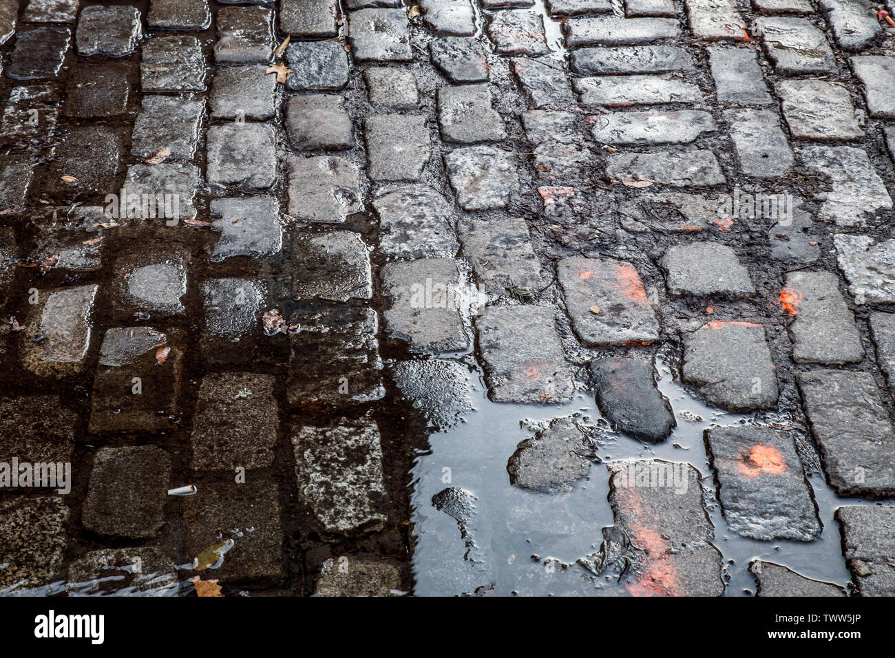 Grungy cobblestone street with puddles, New York City Stock Photo