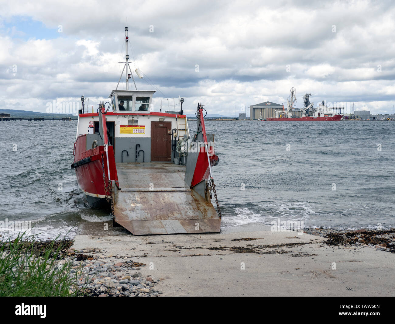The Cromarty to Nigg ferry at Cromarty, Black Isle, Ross and Cromarty, Scotland, United Kingdom. This is one of the smallest car ferries in the UK. Stock Photo