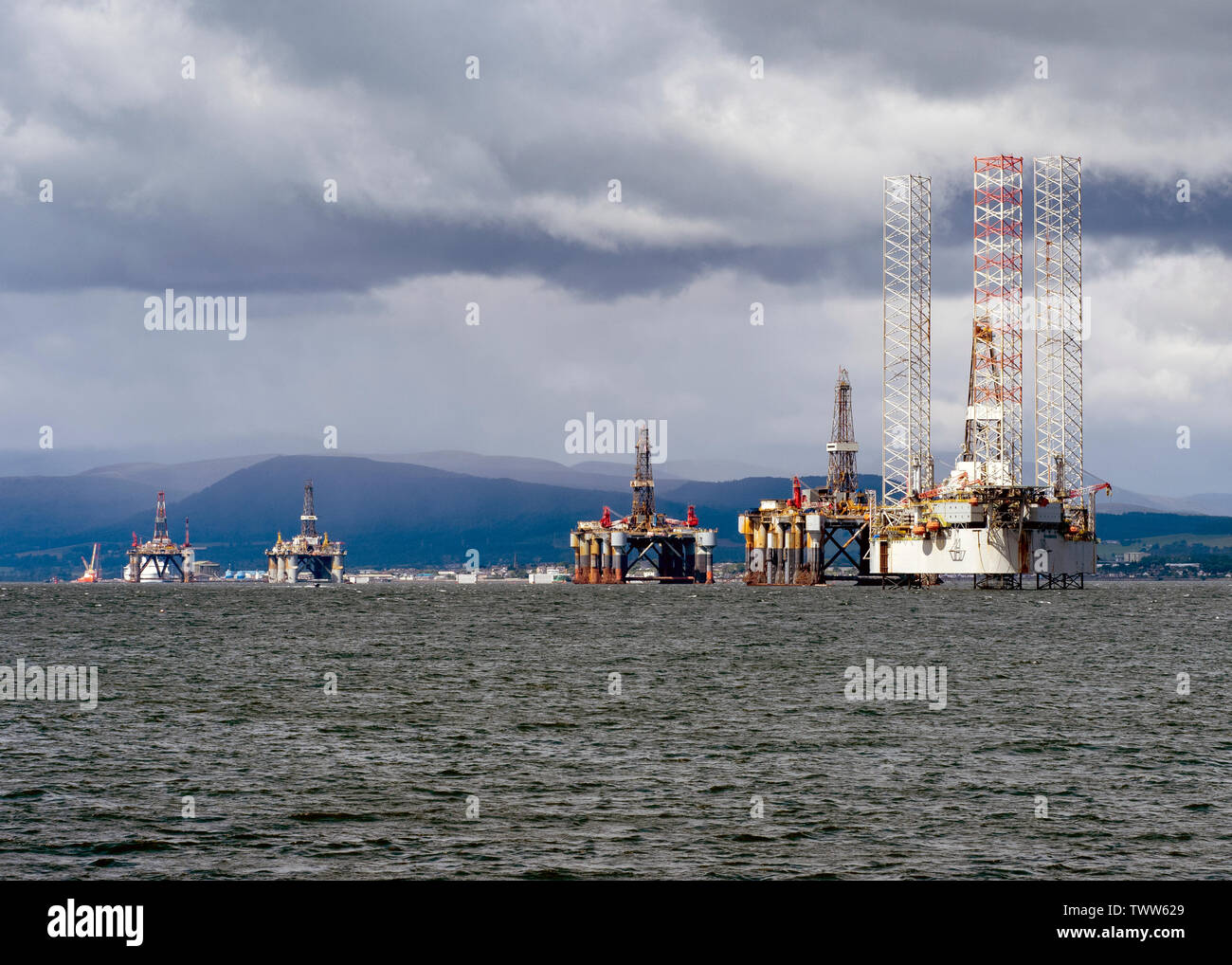 Oil Rigs and Drilling Platforms in the Cromarty Firth, Ross and Cromarty, Scotland, UK. Stock Photo