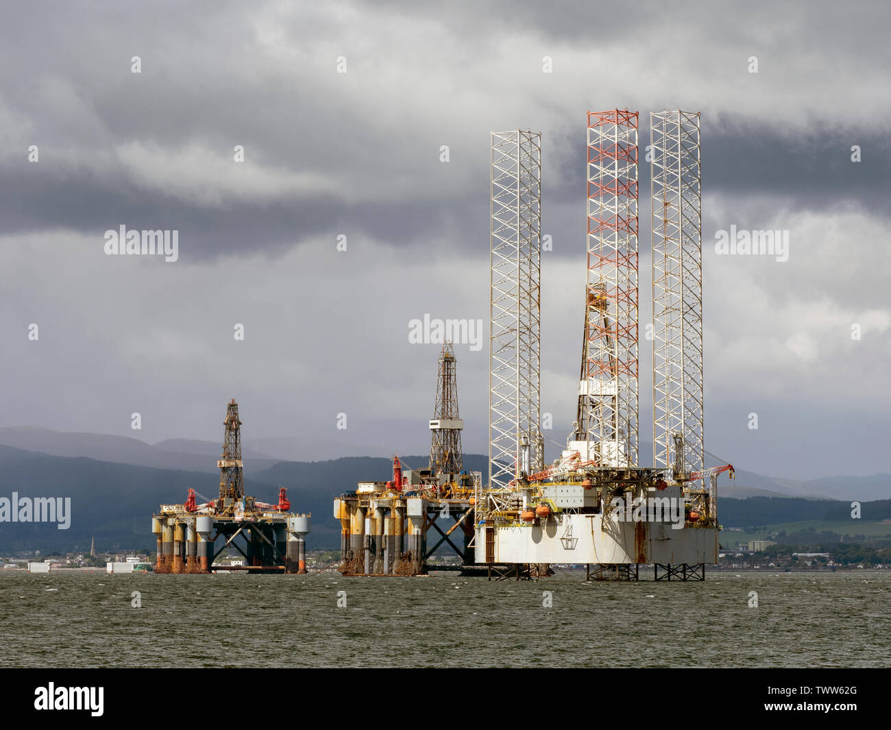 Oil Rigs and Drilling Platforms in the Cromarty Firth, Ross and Cromarty, Scotland, UK. Stock Photo