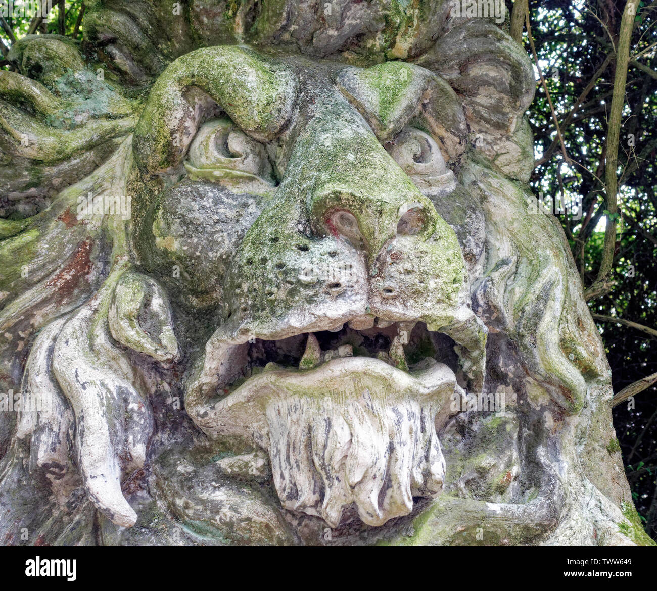 Close up of Stone Lion figure in Portmeiron, Snowdonia, North Wales, United Kingdom. Stock Photo