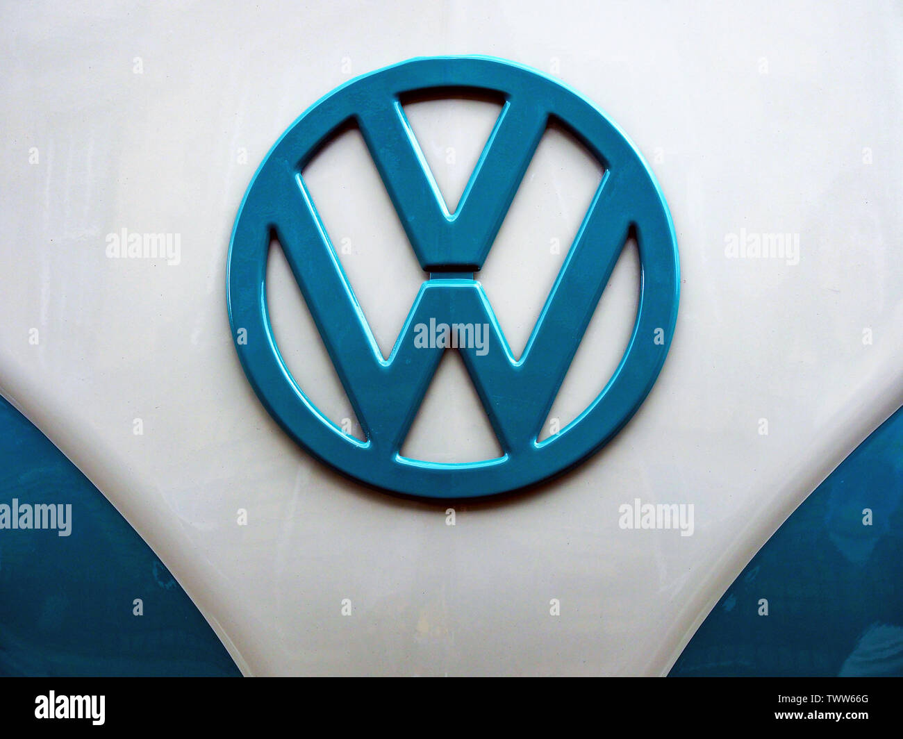 A Volkswagen Emblem on a Volkswagen Camper van Stock Photo