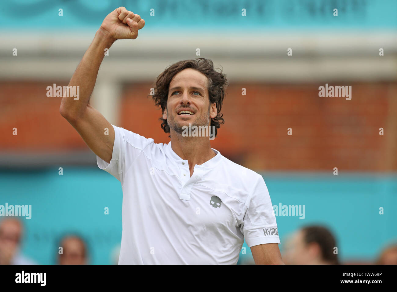 London, UK. 23 June 2019.  Feliciano Lopez (ESP) celebrates winning the Fever Tree Tennis Championships at the Queen's Club, West Kensington on Sunday 23rd June 2019. Stock Photo