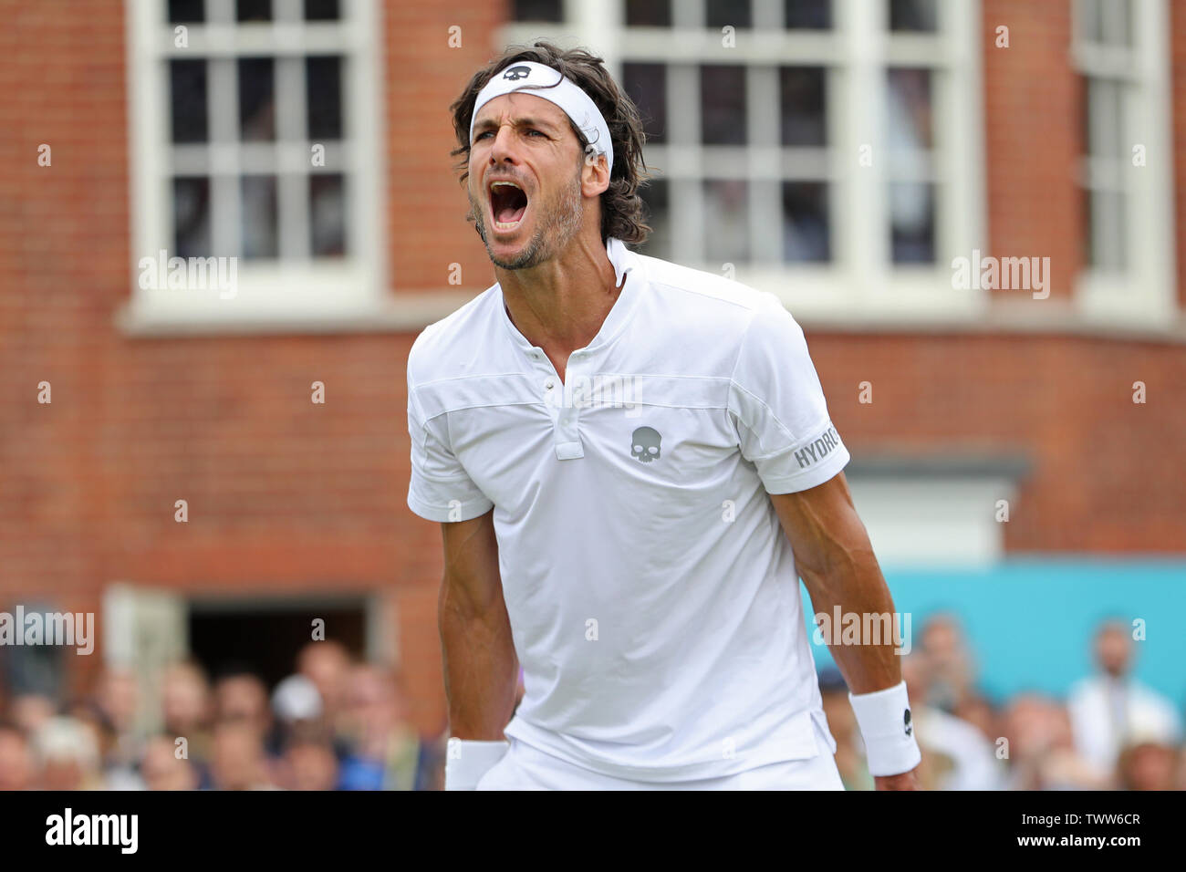 London, UK. 23 June 2019.  Feliciano Lopez (ESP) celebrates winning the Fever Tree Tennis Championships at the Queen's Club, West Kensington on Sunday 23rd June 2019. Stock Photo