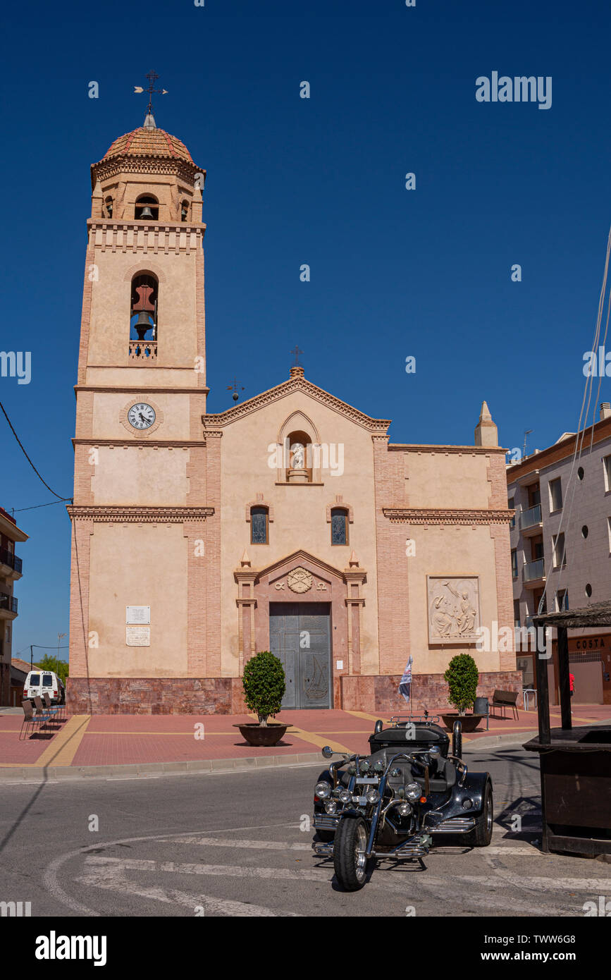 Catholic Church called ‘Nuestra Señora del Rosario' in Sucina, Murcia, Spain, Europe. Catholic church in town square. Blue sky Stock Photo