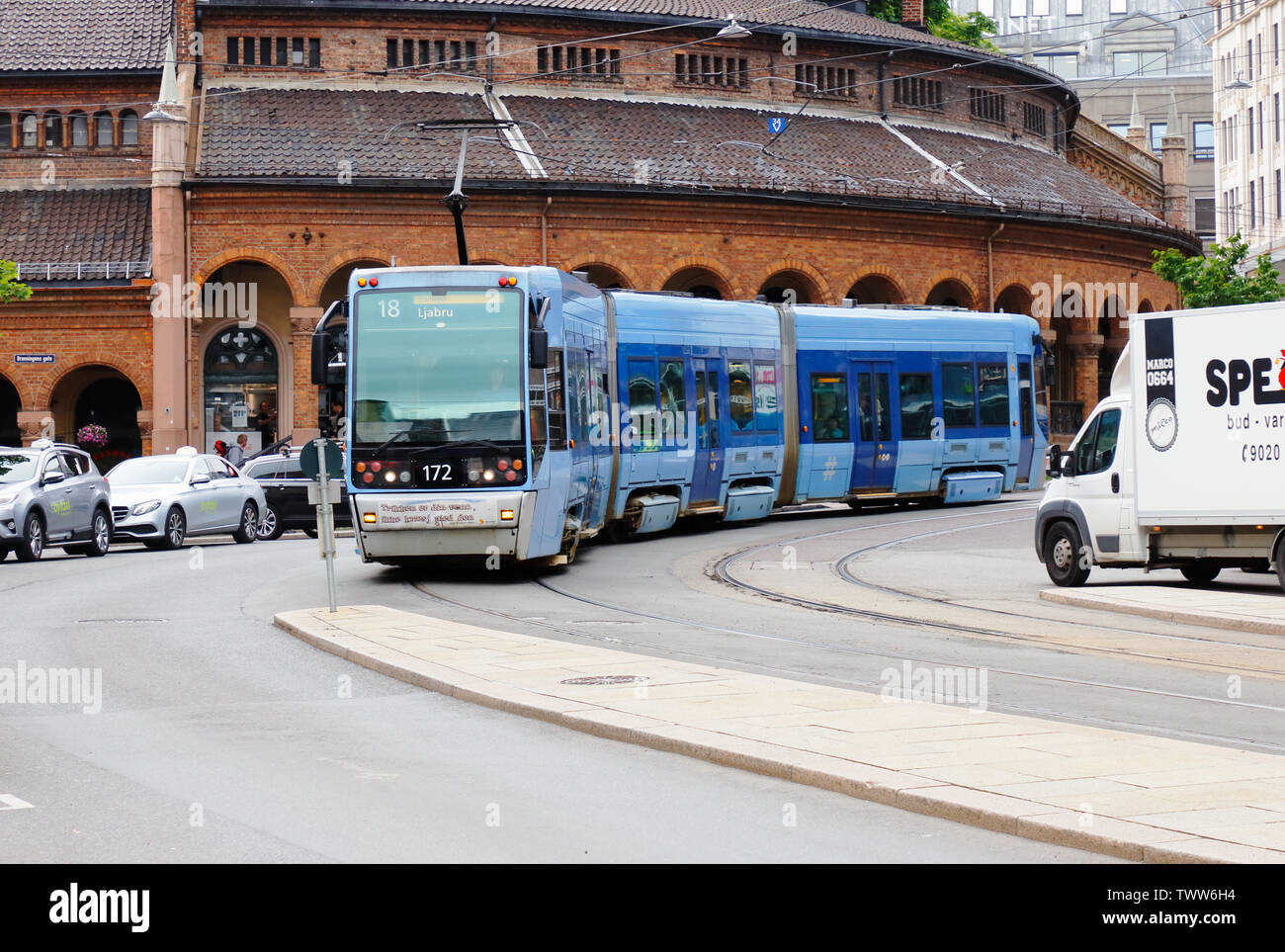 Oslo, Norway - June 20, 2019: Oslo low-flor articulated tram class SL95 near the Jerbanetorget square in service on line 18. Stock Photo