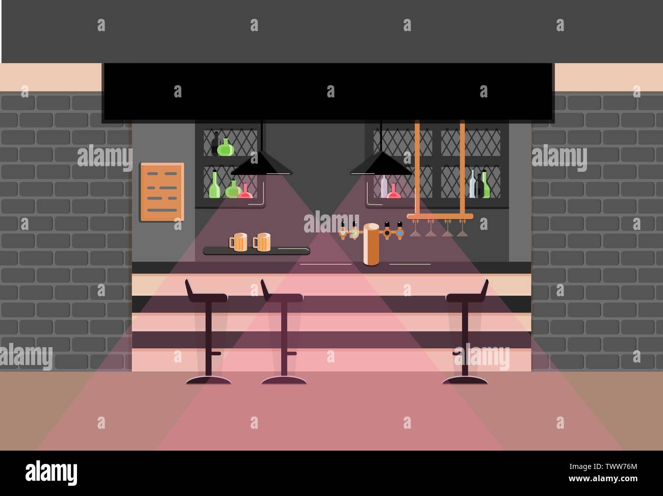 Bar counter in pub. Vector flat illustration. Dark tone. Eps 10. Stock Vector
