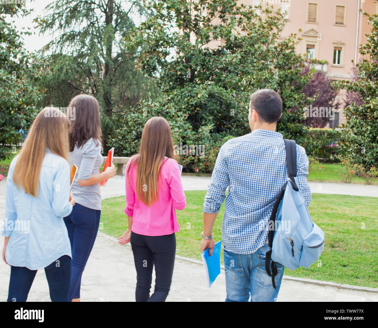 Outdoor portrait of a group of students walking in the school park ...