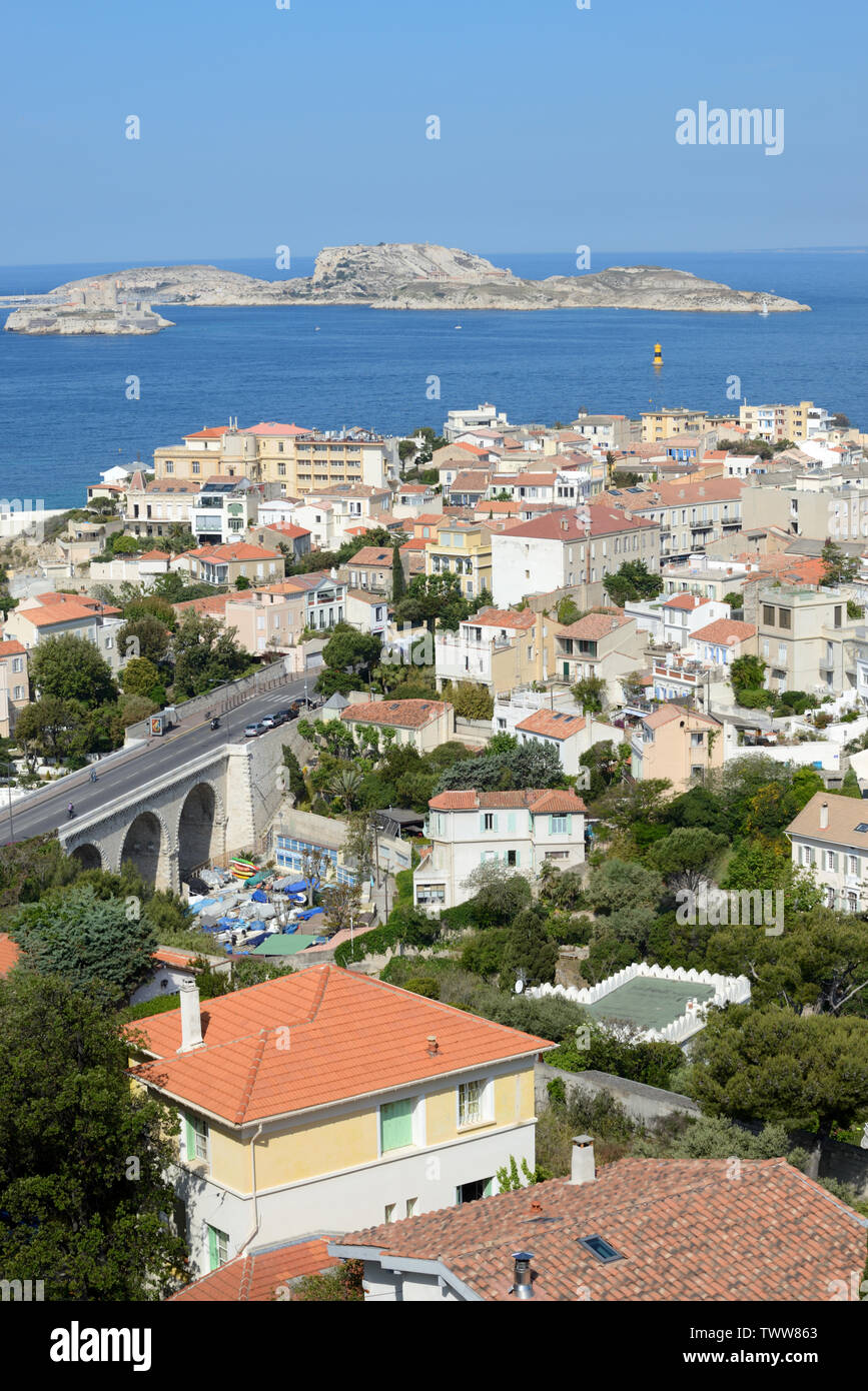 Aerial View Over The Historic Districts Of Endoume Malmousque With Iles Frioul Islands In Distance Marseille Provence France Stock Photo Alamy