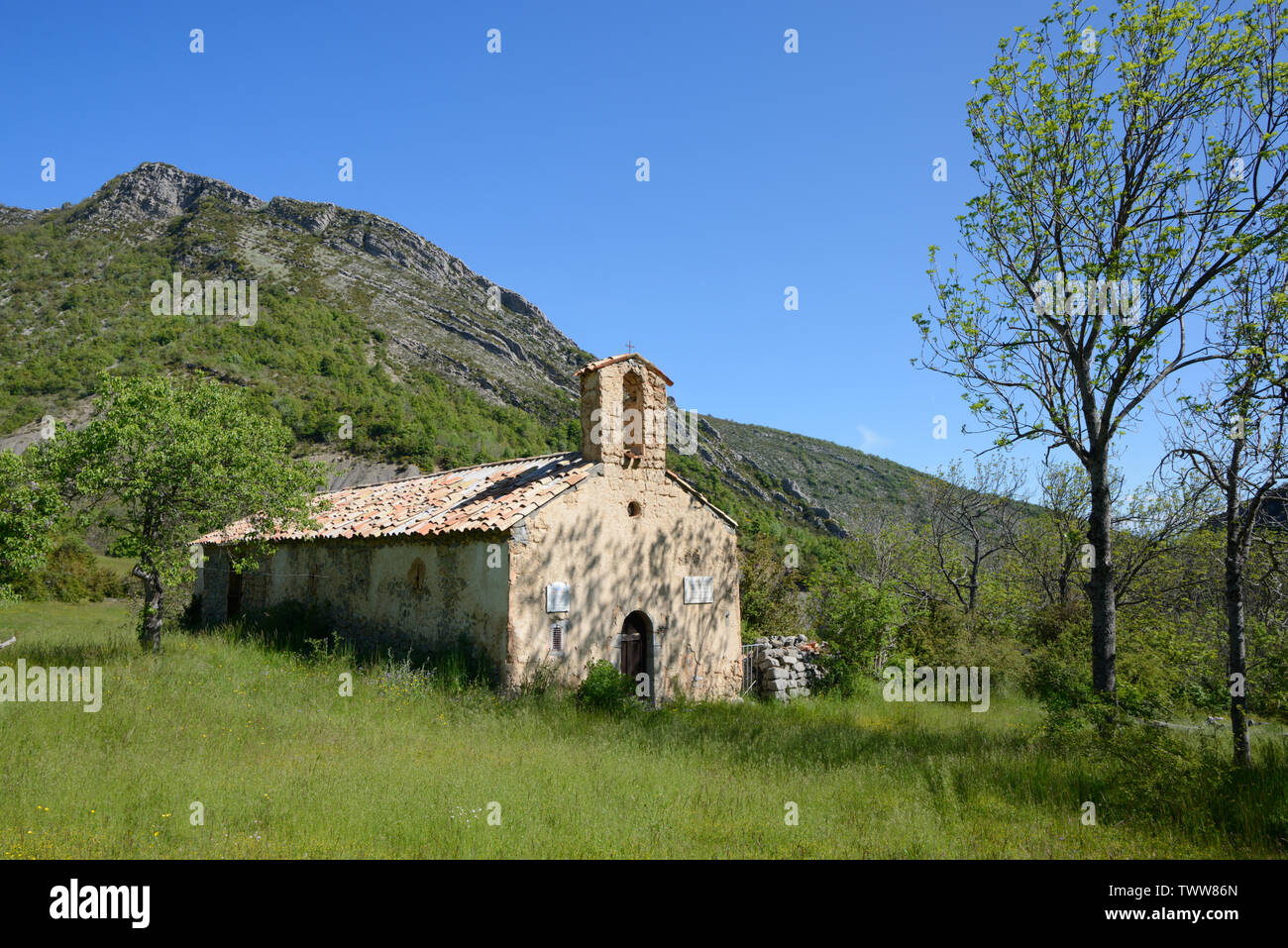 Chapel at La Melle, a former village destroyed by the German Army during the Second World War, in the Alpes-de-Haute-Provence Provence France Stock Photo
