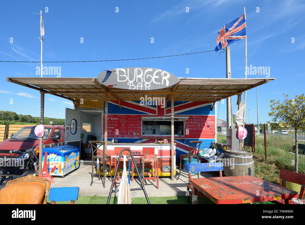 British-Themed Roadside Burger Bar or Burger Restaurant with Union Jack Flag near Aix-en-Provence Provence France Stock Photo