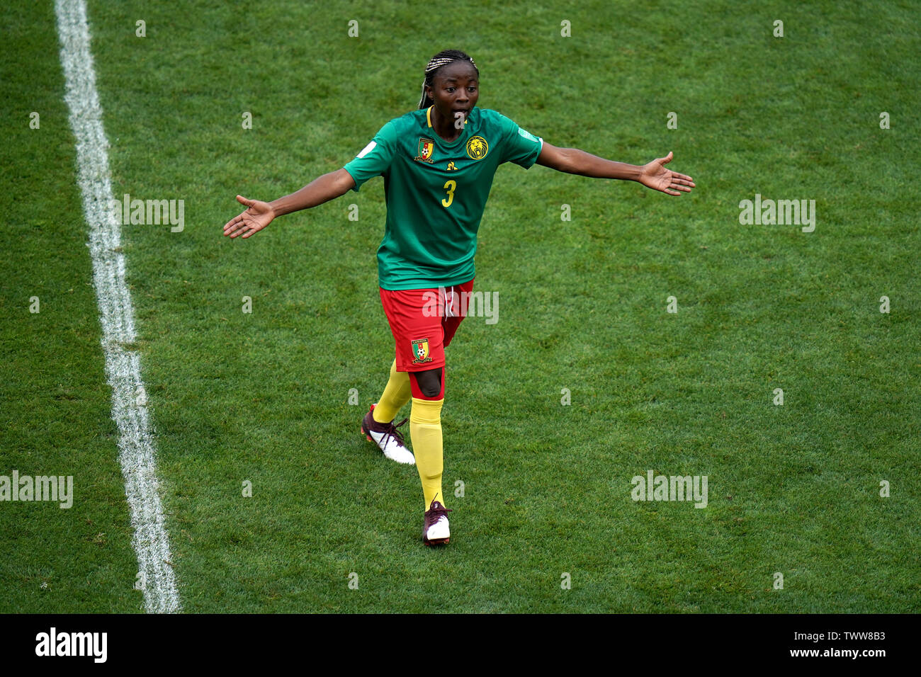 Cameroon's Ajara Nchout reacts after her goal is disallowed by VAR for offside during the FIFA Women's World Cup, round of Sixteen match at State du Hainaut, Valenciennes. Stock Photo