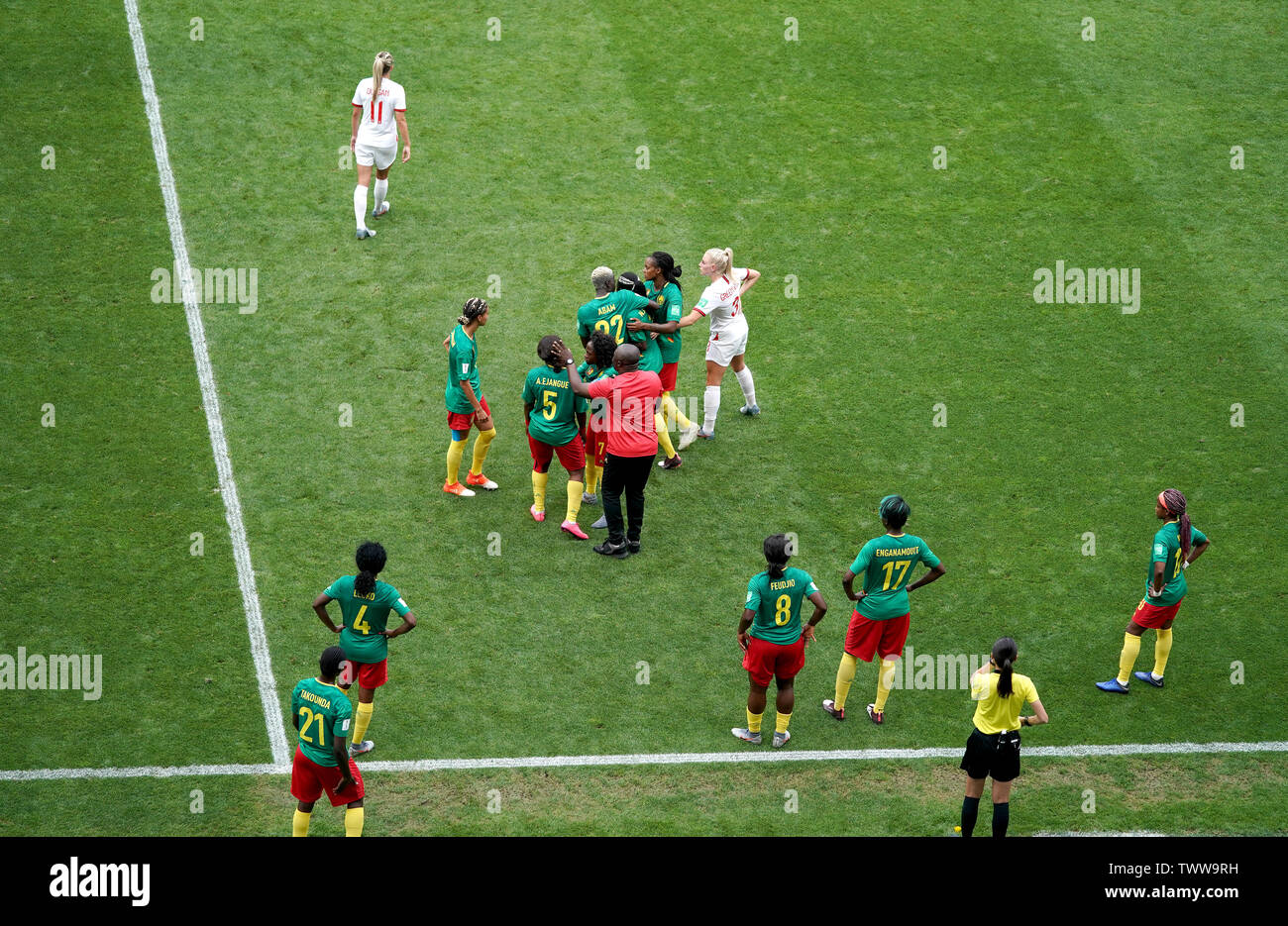 Cameroon's Ajara Nchout (obscured) reacts with team-mates after her goal is ruled out for offside by VAR during the FIFA Women's World Cup, round of Sixteen match at State du Hainaut, Valenciennes. Stock Photo