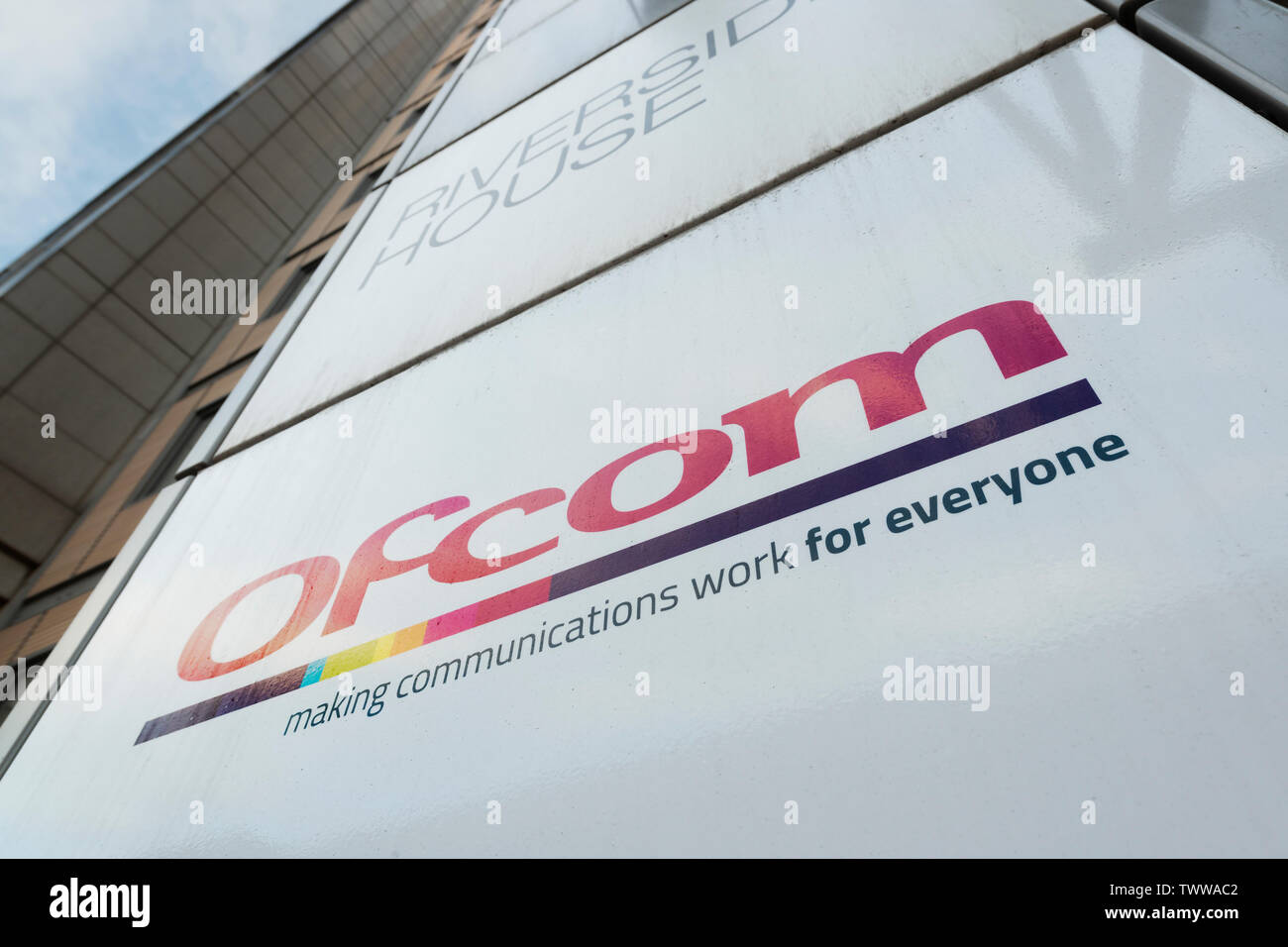 Signage for Ofcom (Office of Communications) located in Riverhouse House building on Southwark Bridge Road in London, UK. Stock Photo