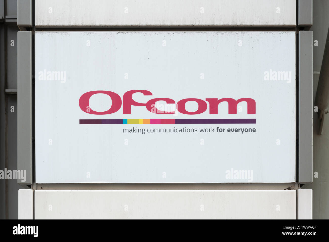 Signage for Ofcom (Office of Communications) located in Riverhouse House building on Southwark Bridge Road in London, UK. Stock Photo