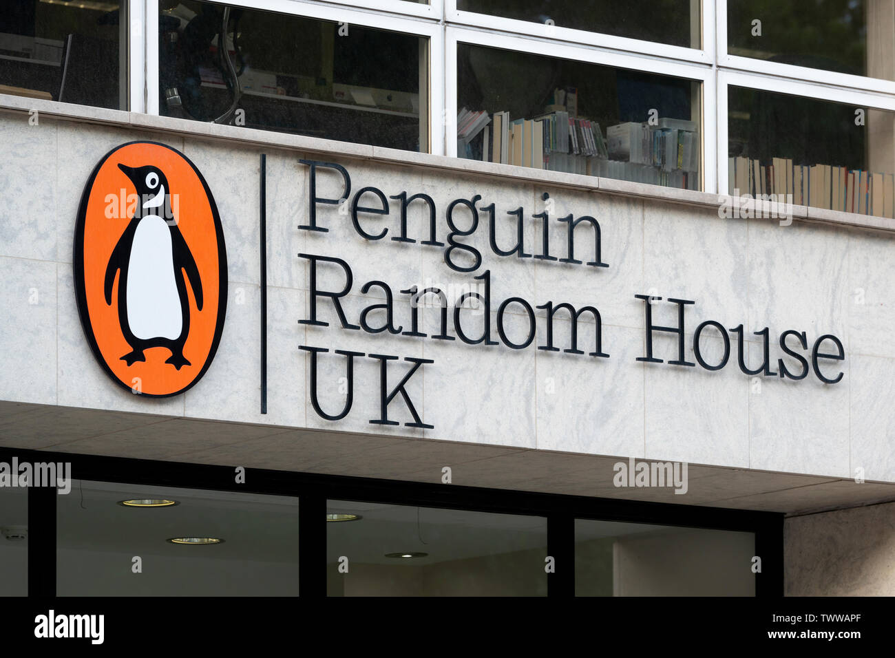 Signage for the Penguin Random House building located on Vauxhall Bridge Road in London, UK. Stock Photo